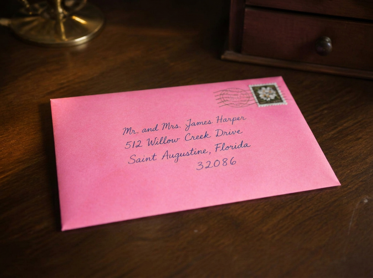Cream envelope addressed by hand in blue ink with a postage stamp